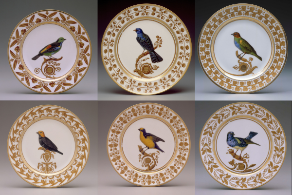 Six plates featuring images of birds. These plates were created by the artist Madame Knip.