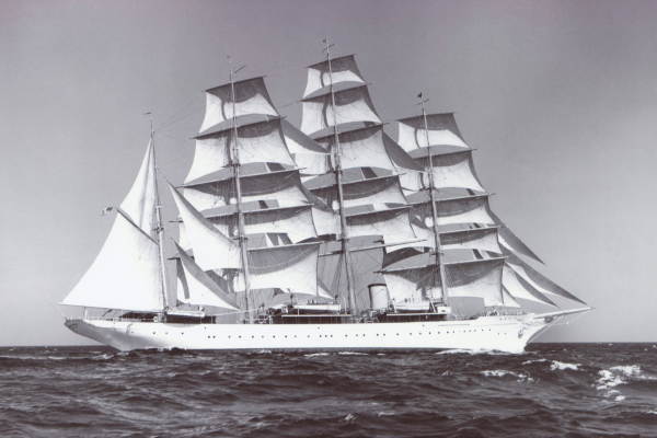 Old black and white photograph of a yacht called the "Sea Cloud."